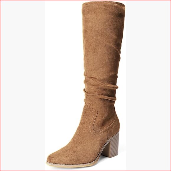 Faux Suede Knee-High Boots with Chunky Heel and Side Zipper
